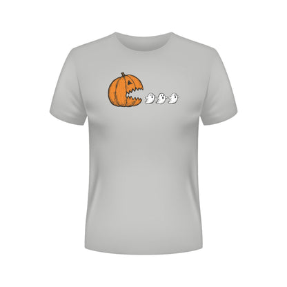 Chomping Pumpkin Halloween T-Shirt – Retro Arcade Jack-O'-Lantern & Ghosts