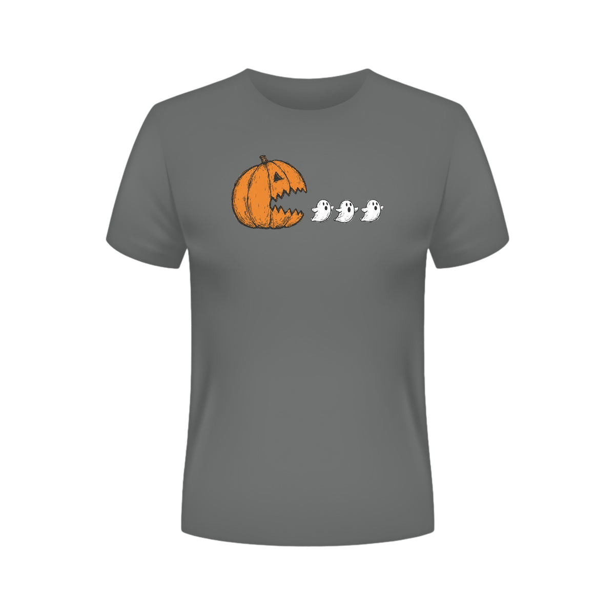 Chomping Pumpkin Halloween T-Shirt – Retro Arcade Jack-O'-Lantern & Ghosts