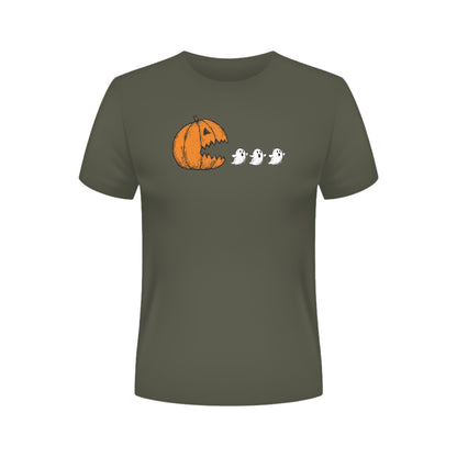 Chomping Pumpkin Halloween T-Shirt – Retro Arcade Jack-O'-Lantern & Ghosts