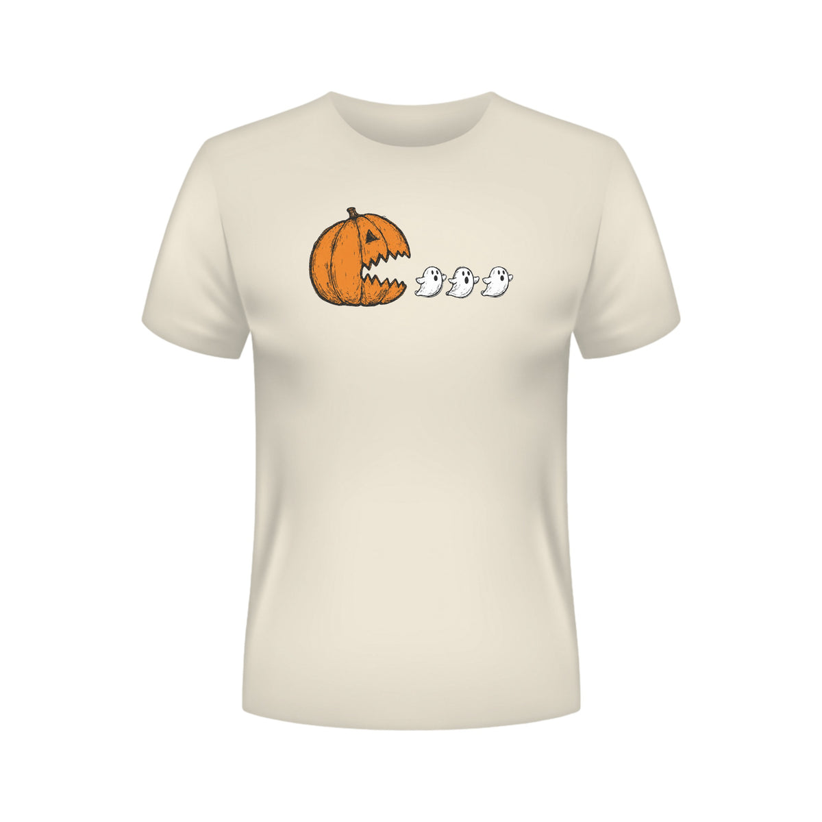 Chomping Pumpkin Halloween T-Shirt – Retro Arcade Jack-O'-Lantern & Ghosts