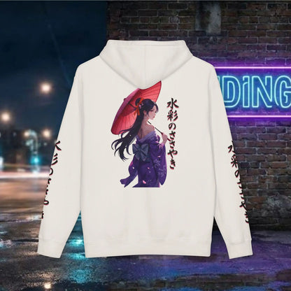 Watercolor art of a Japanese woman in a green kimono holding a blue paper umbrella on the back of a white heavyweight hoodie