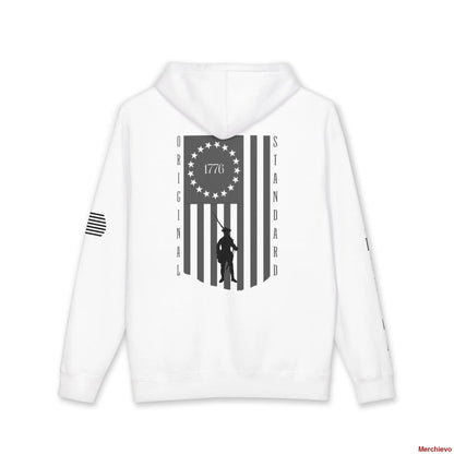 Back view of the Betsy Ross 1776 Original Standard Hoodie in Bone, featuring a vertical American flag graphic with a 1776 star circle and a patriot silhouette.