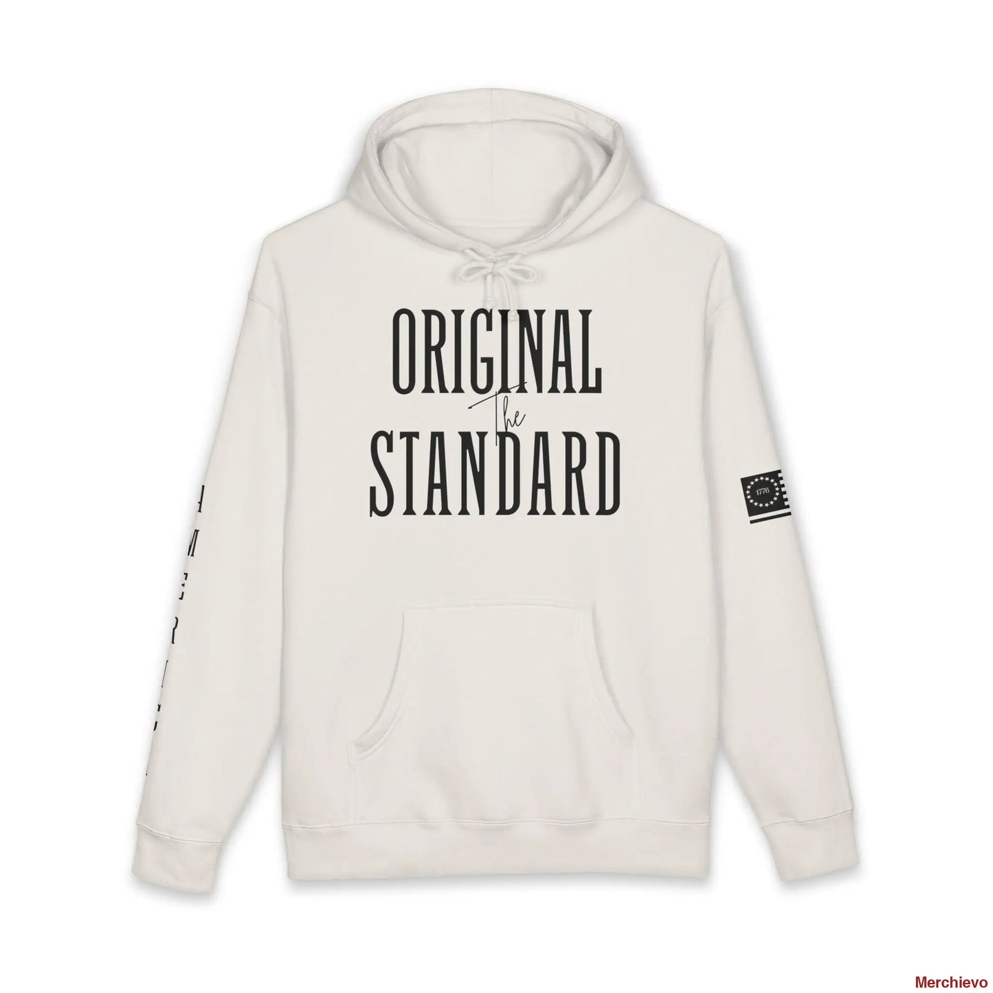 Front view of the Betsy Ross 1776 "Original Standard" hoodie in Bone (off-white). Features bold black vintage typography on the chest and a circular black 1776 star patch on the upper left sleeve.
