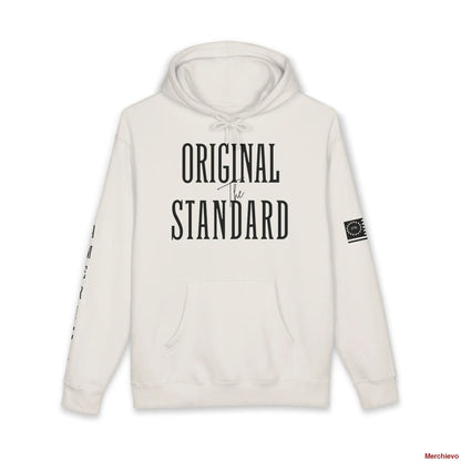Front view of the Betsy Ross 1776 "Original Standard" hoodie in Bone (off-white). Features bold black vintage typography on the chest and a circular black 1776 star patch on the upper left sleeve.