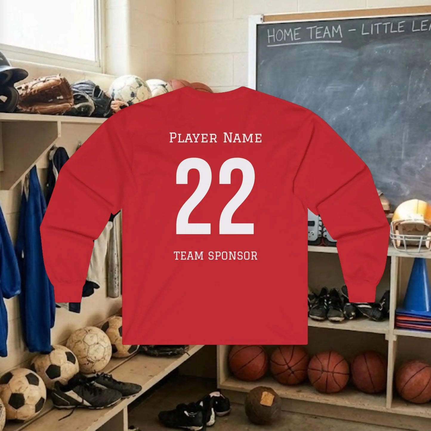 Custom Team Adult Long Sleeve T-Shirt – Left Chest Logo + Back Name, Number & Sponsor