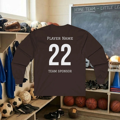Custom Team Adult Long Sleeve T-Shirt – Left Chest Logo + Back Name, Number & Sponsor