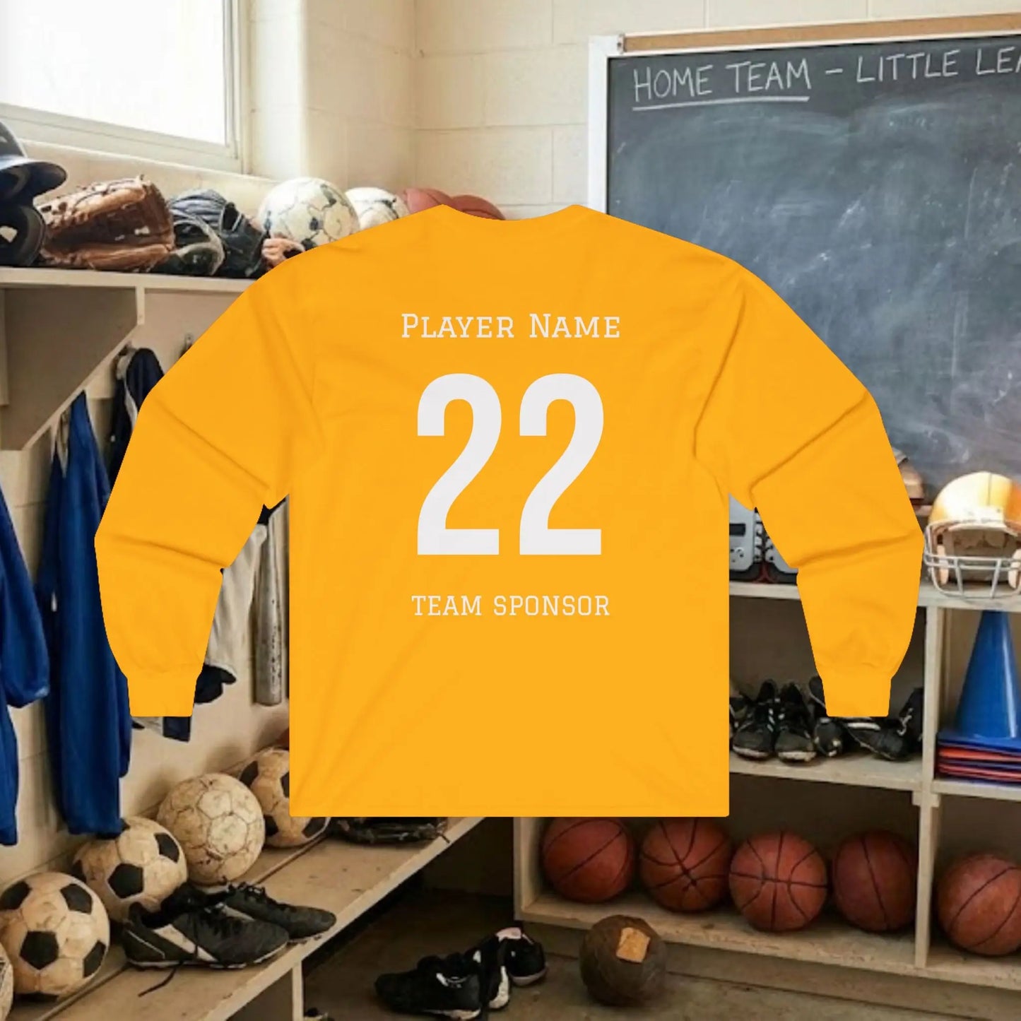 Custom Team Adult Long Sleeve T-Shirt – Left Chest Logo + Back Name, Number & Sponsor