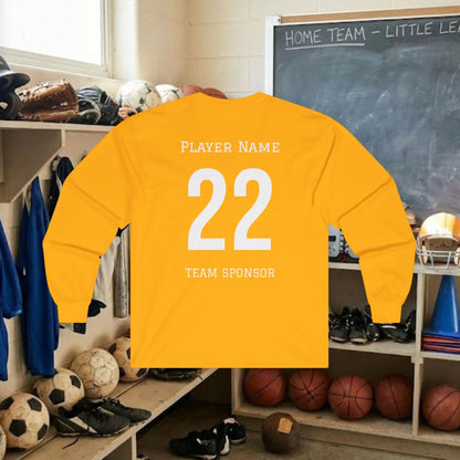 Custom Team Adult Long Sleeve T-Shirt – Left Chest Logo + Back Name, Number & Sponsor