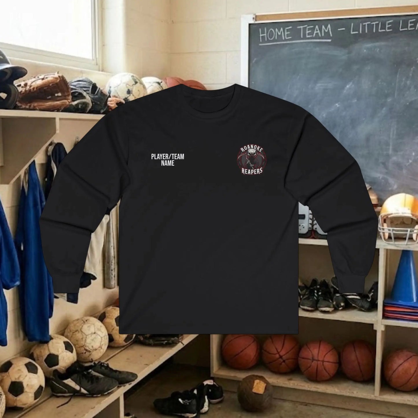 Custom Team Adult Long Sleeve T-Shirt – Left Chest Logo + Back Name, Number & Sponsor