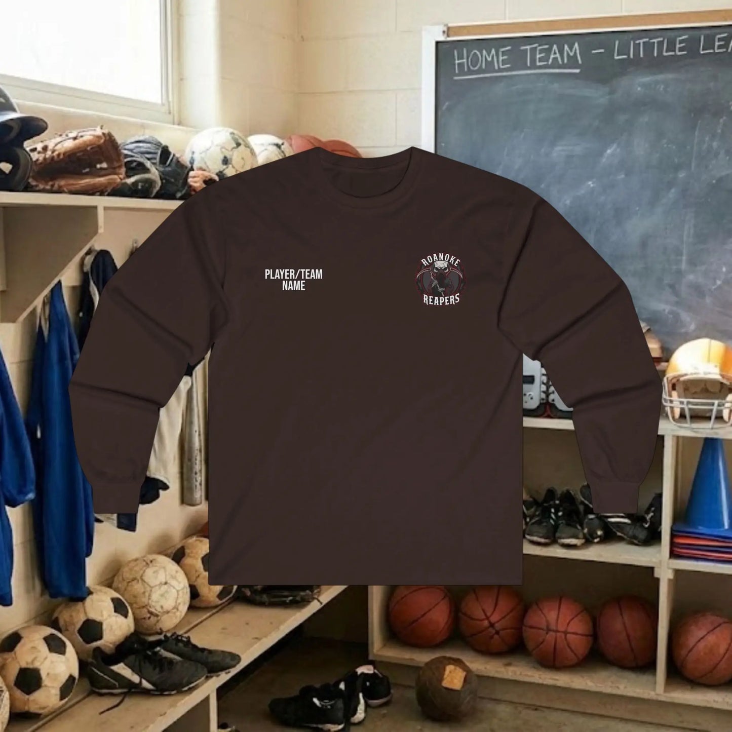 Custom Team Adult Long Sleeve T-Shirt – Left Chest Logo + Back Name, Number & Sponsor