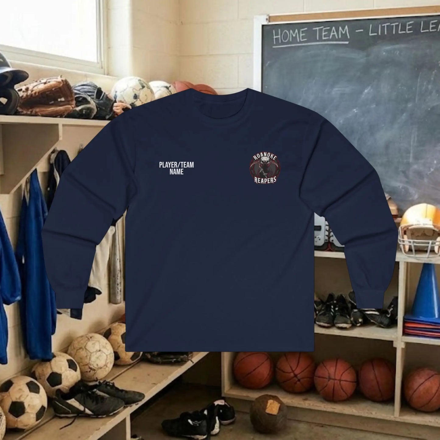 Custom Team Adult Long Sleeve T-Shirt – Left Chest Logo + Back Name, Number & Sponsor