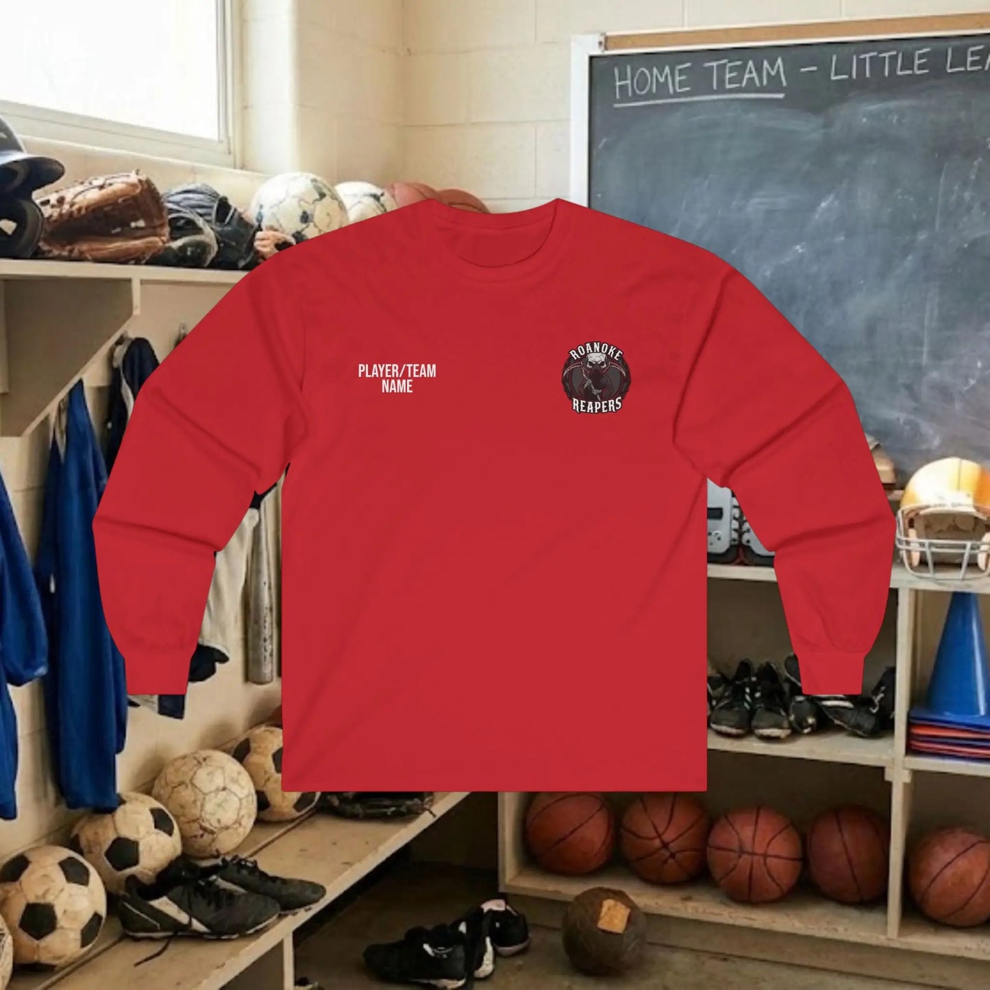 Custom Team Adult Long Sleeve T-Shirt – Left Chest Logo + Back Name, Number & Sponsor