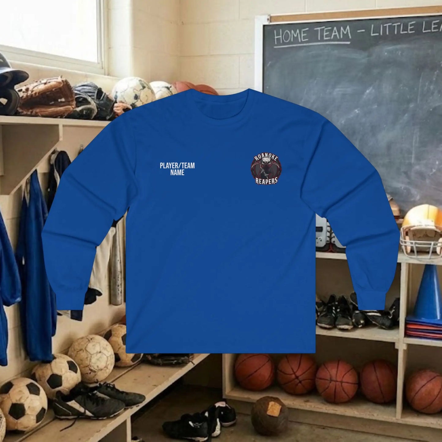 Custom Team Adult Long Sleeve T-Shirt – Left Chest Logo + Back Name, Number & Sponsor