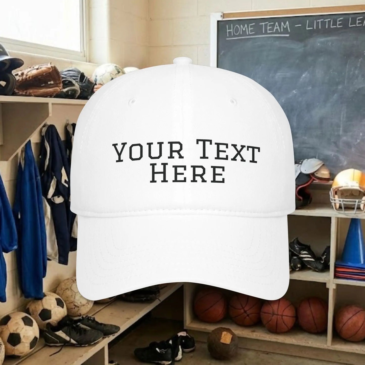 Custom Team Black Text Baseball Cap – Low Profile Relaxed Fit – Youth & Adult