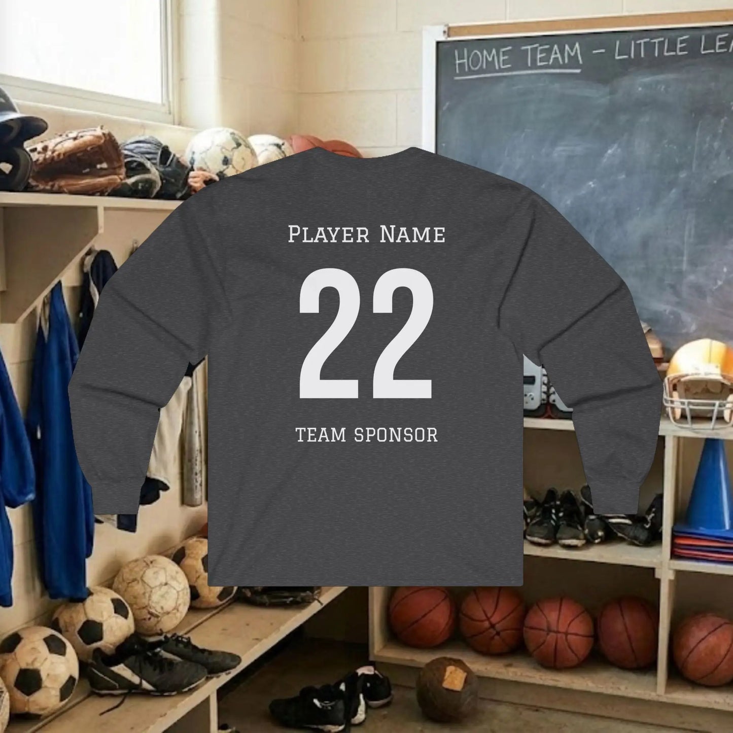Custom Team Adult Long Sleeve T-Shirt – Center Chest Logo + Back Name, Number & Sponsor