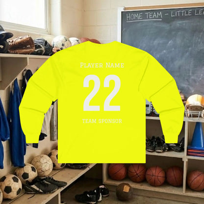 Custom Team Adult Long Sleeve T-Shirt – Center Chest Logo + Back Name, Number & Sponsor