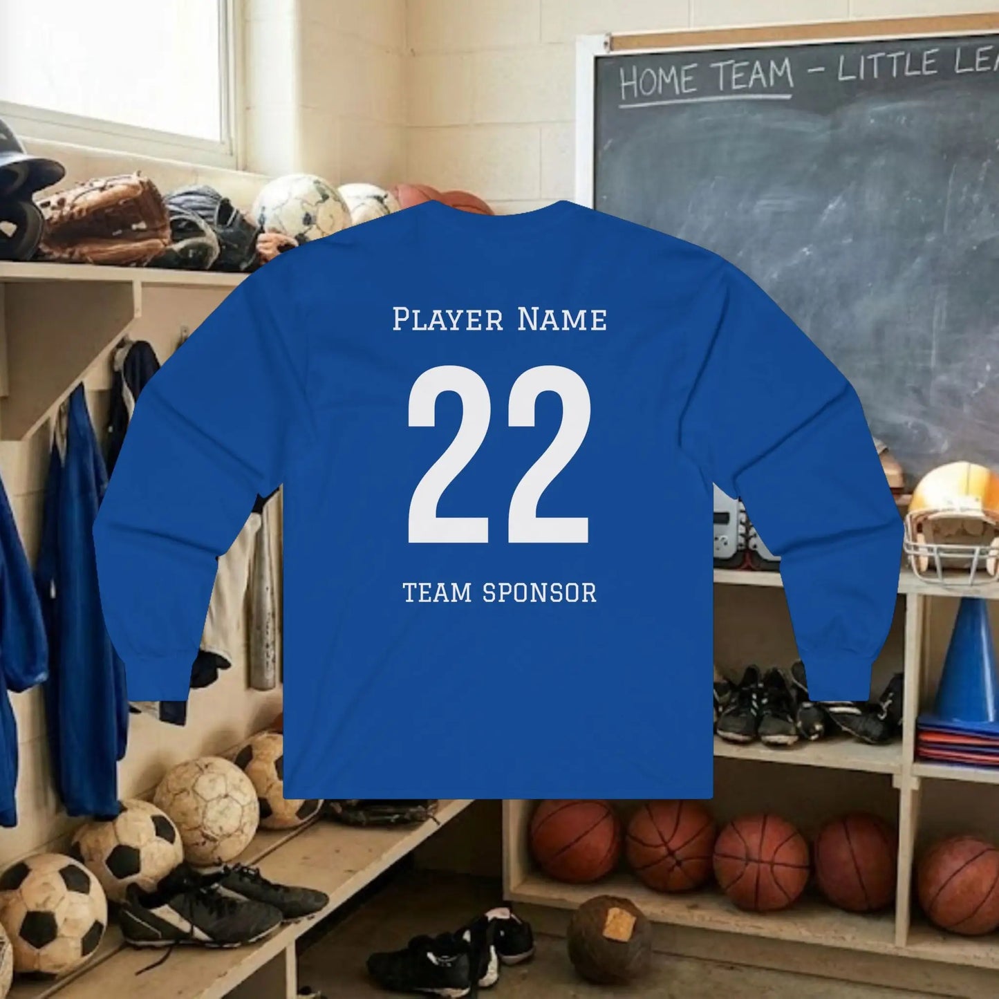 Custom Team Adult Long Sleeve T-Shirt – Center Chest Logo + Back Name, Number & Sponsor