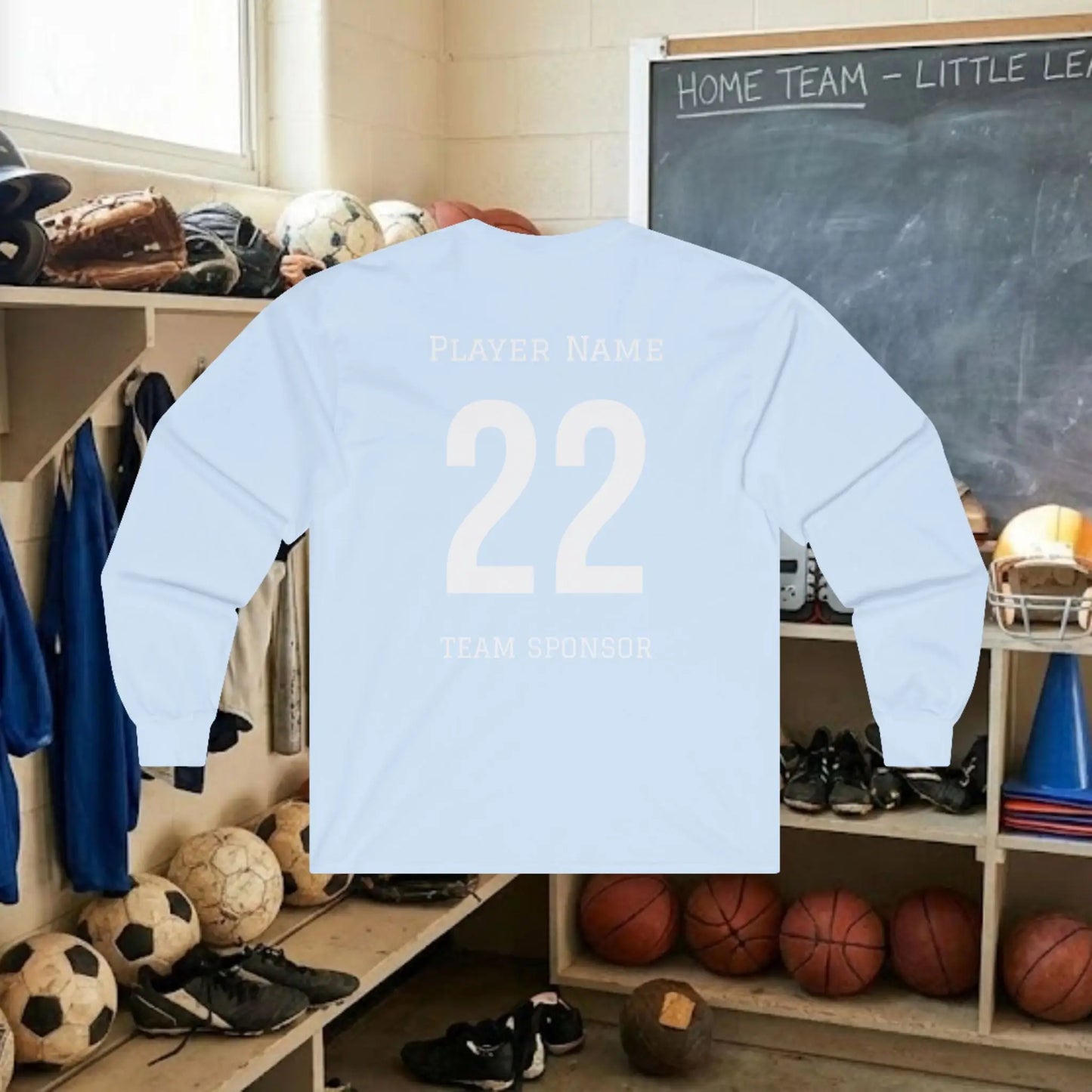 Custom Team Adult Long Sleeve T-Shirt – Center Chest Logo + Back Name, Number & Sponsor