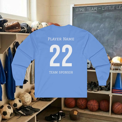 Custom Team Adult Long Sleeve T-Shirt – Center Chest Logo + Back Name, Number & Sponsor