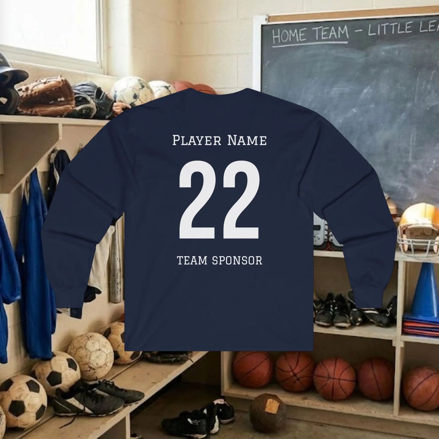 Custom Team Adult Long Sleeve T-Shirt – Center Chest Logo + Back Name, Number & Sponsor