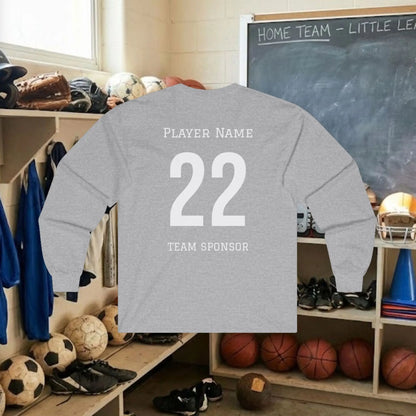 Custom Team Adult Long Sleeve T-Shirt – Center Chest Logo + Back Name, Number & Sponsor