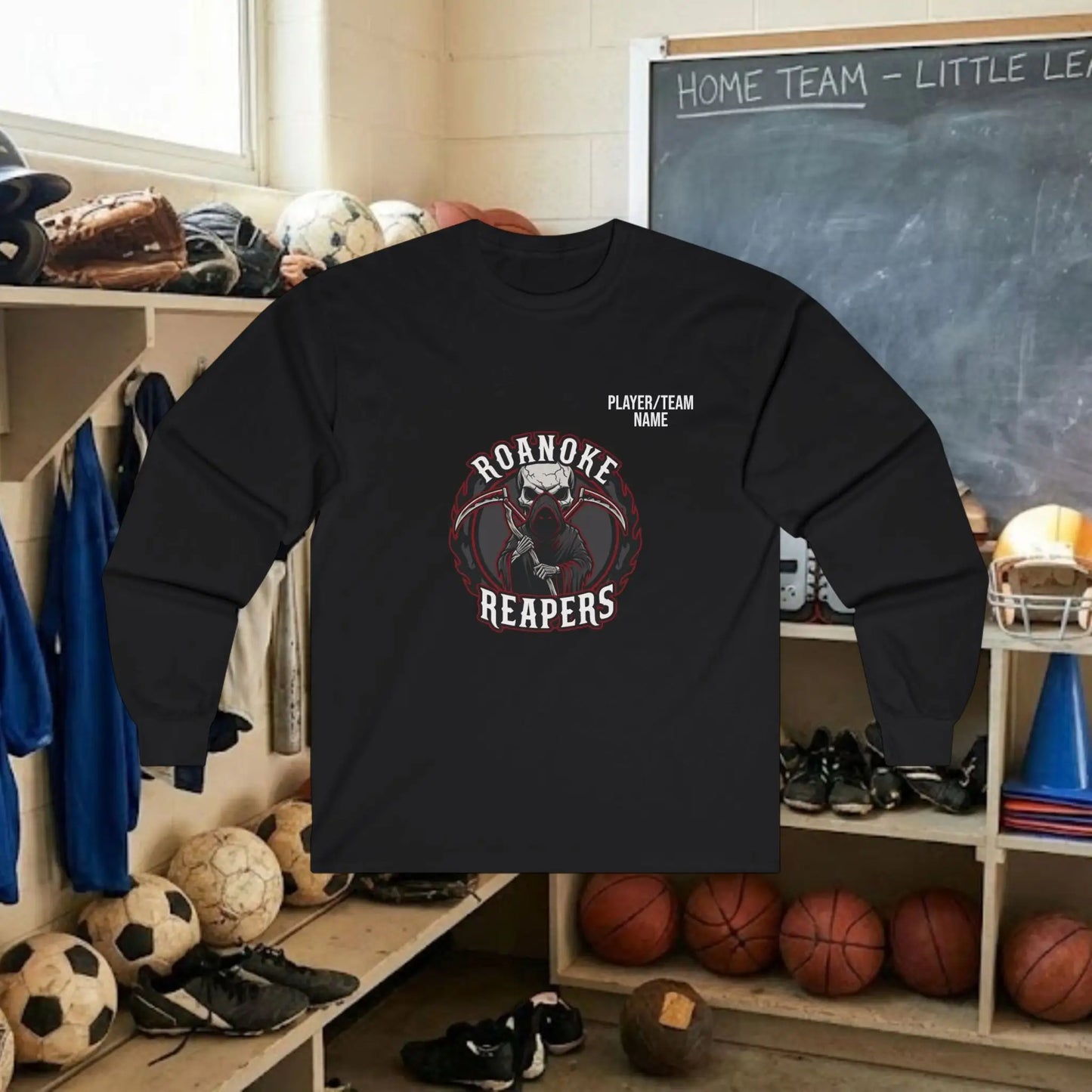 Custom Team Adult Long Sleeve T-Shirt – Center Chest Logo + Back Name, Number & Sponsor