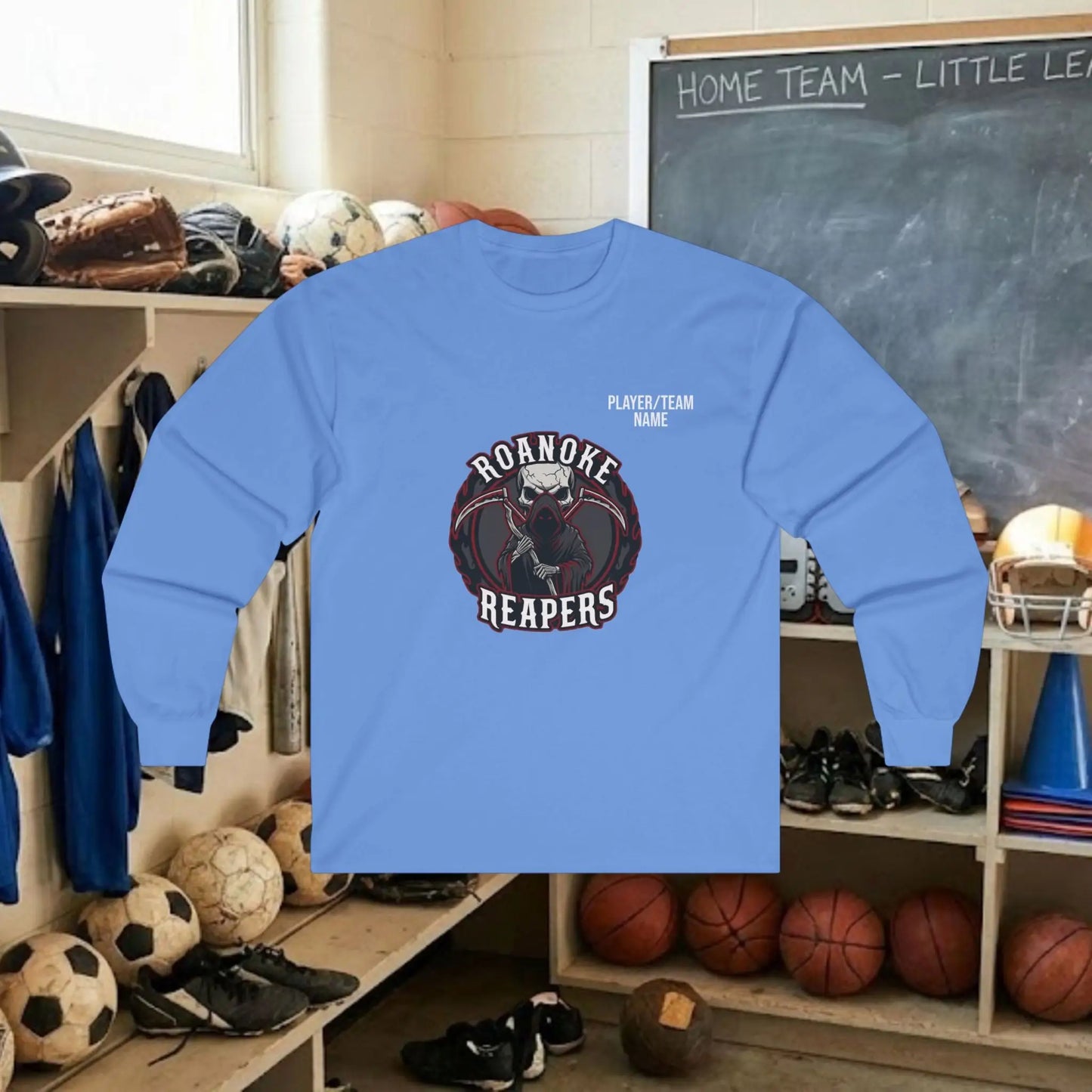 Custom Team Adult Long Sleeve T-Shirt – Center Chest Logo + Back Name, Number & Sponsor