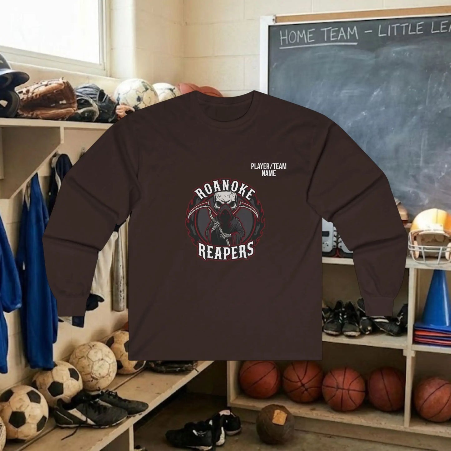 Custom Team Adult Long Sleeve T-Shirt – Center Chest Logo + Back Name, Number & Sponsor