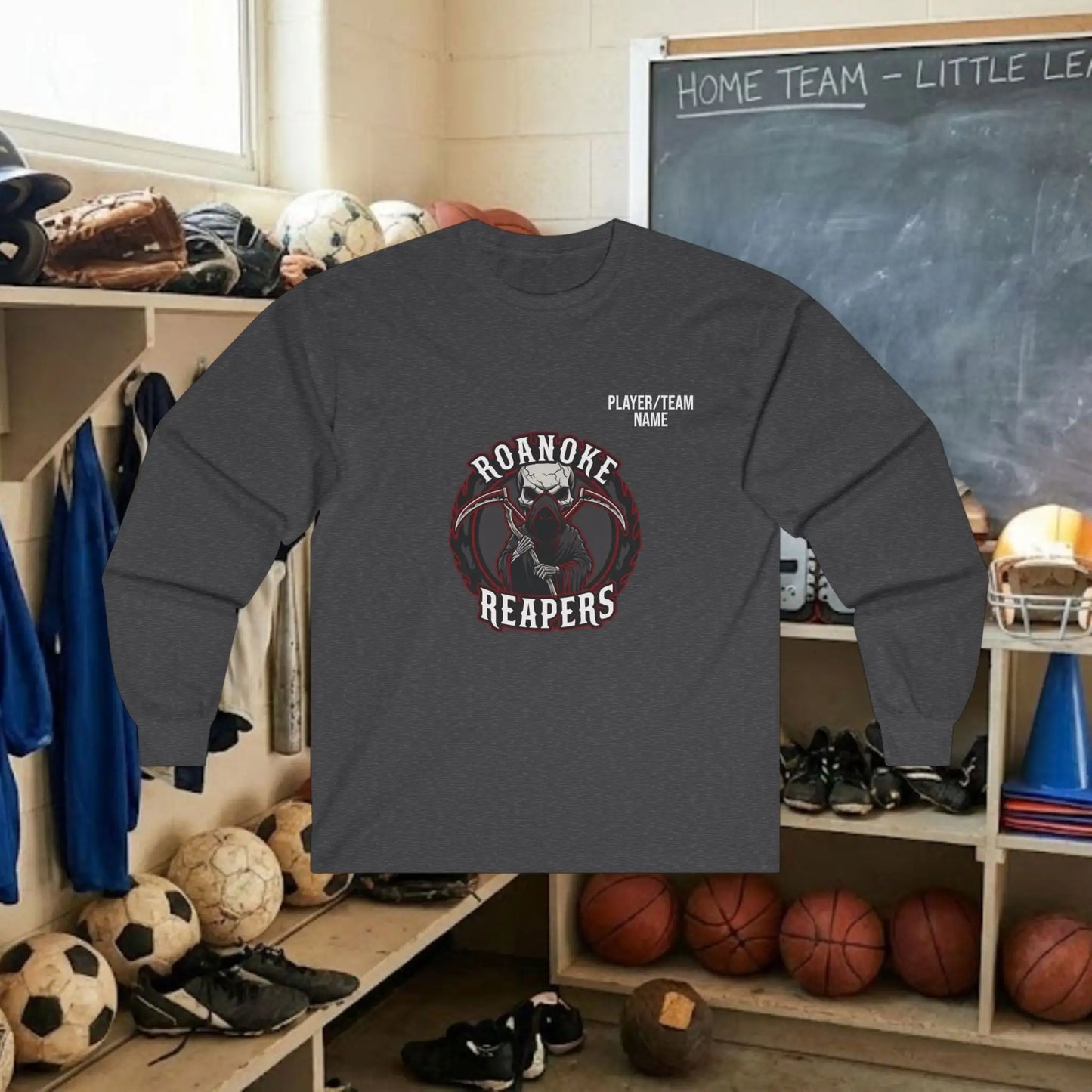 Custom Team Adult Long Sleeve T-Shirt – Center Chest Logo + Back Name, Number & Sponsor