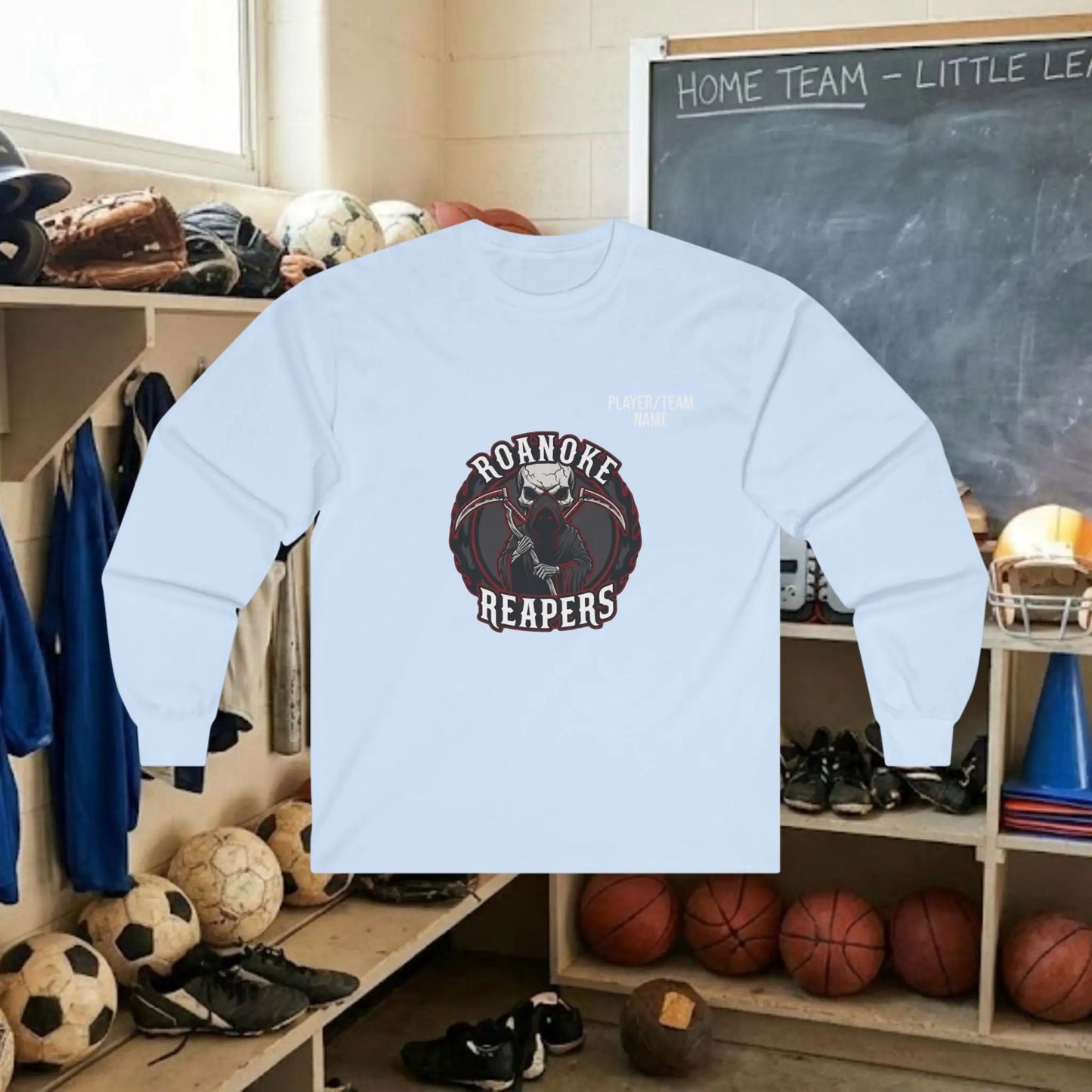 Custom Team Adult Long Sleeve T-Shirt – Center Chest Logo + Back Name, Number & Sponsor