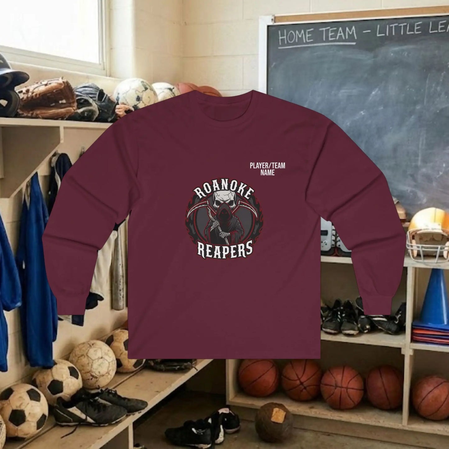 Custom Team Adult Long Sleeve T-Shirt – Center Chest Logo + Back Name, Number & Sponsor