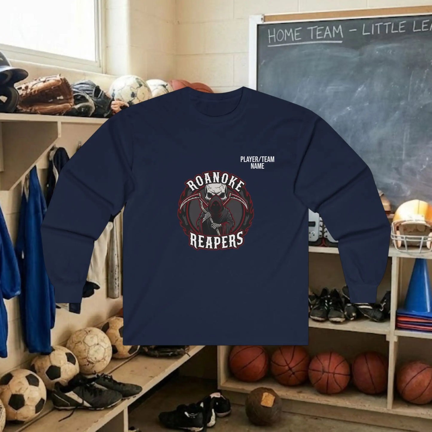 Custom Team Adult Long Sleeve T-Shirt – Center Chest Logo + Back Name, Number & Sponsor