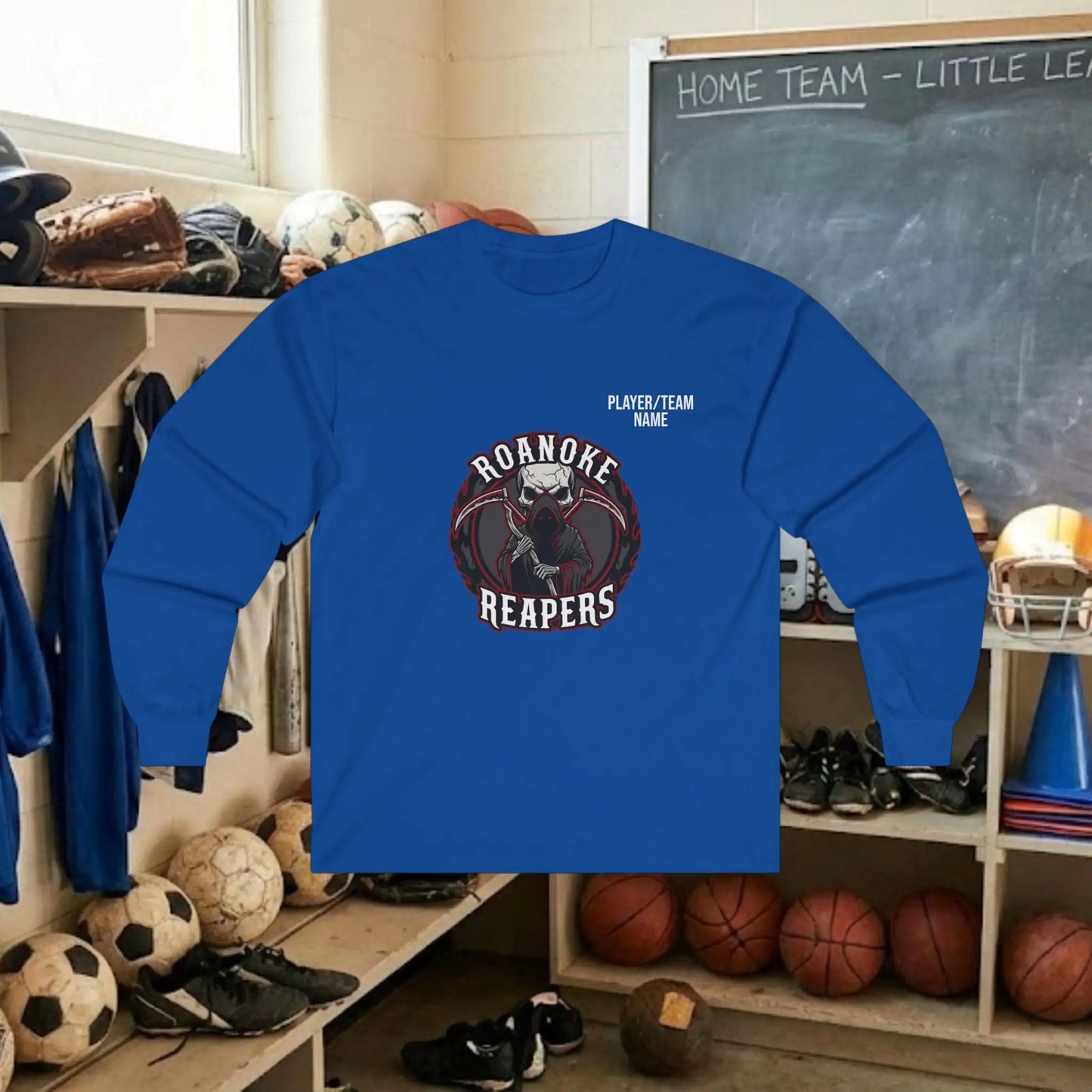 Custom Team Adult Long Sleeve T-Shirt – Center Chest Logo + Back Name, Number & Sponsor