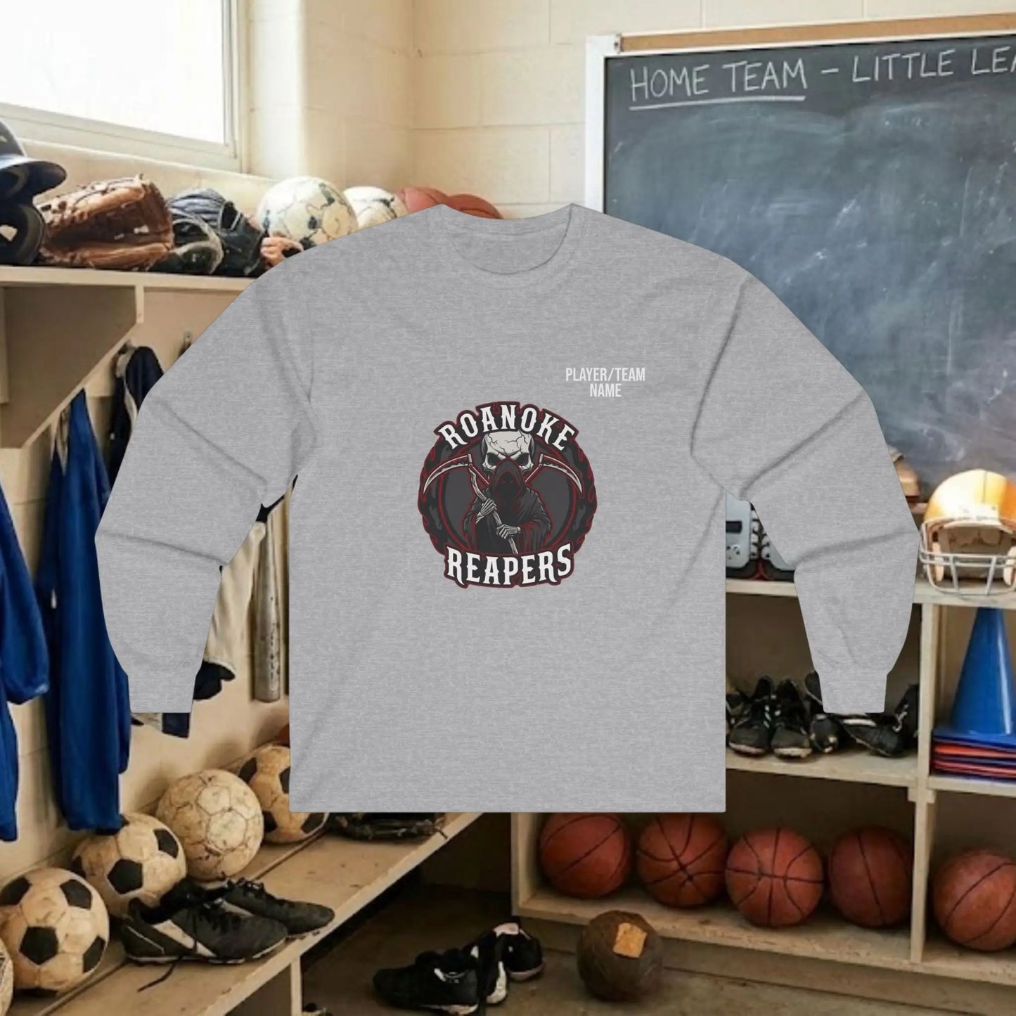 Custom Team Adult Long Sleeve T-Shirt – Center Chest Logo + Back Name, Number & Sponsor