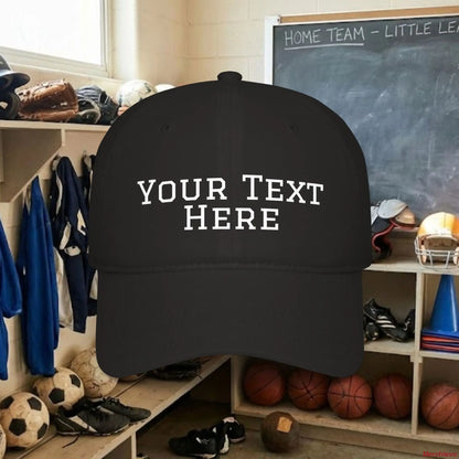 Custom Team White Text Baseball Cap – Low Profile Relaxed Fit – Youth & Adult Black / One size Hats