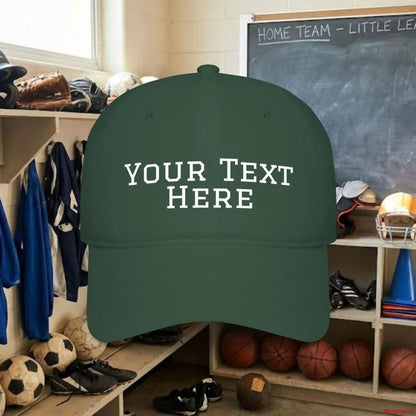Custom Team White Text Baseball Cap – Low Profile Relaxed Fit – Youth & Adult Dark Green / One size Hats