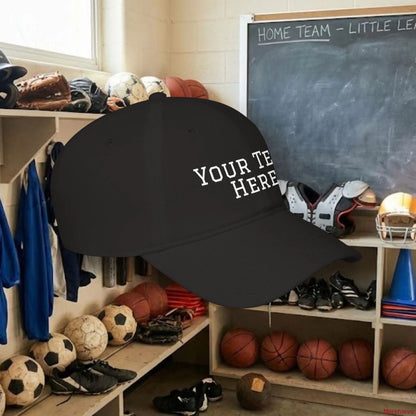 Custom Team White Text Baseball Cap – Low Profile Relaxed Fit – Youth & Adult Hats