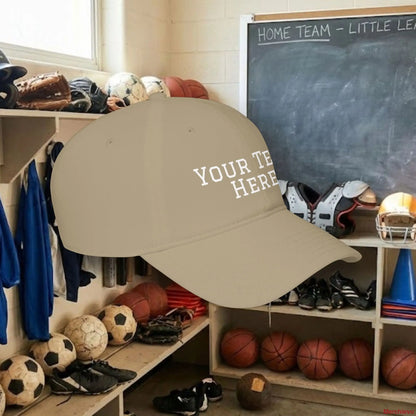 Custom Team White Text Baseball Cap – Low Profile Relaxed Fit – Youth & Adult Hats