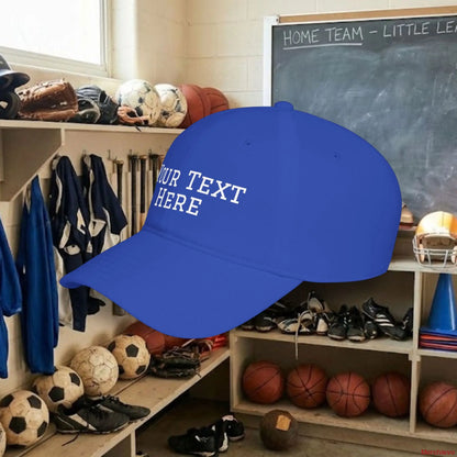 Custom Team White Text Baseball Cap – Low Profile Relaxed Fit – Youth & Adult Hats