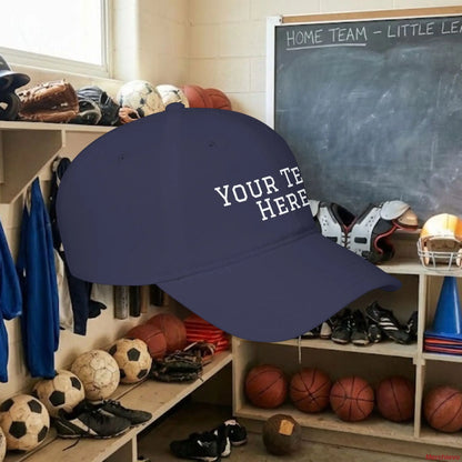 Custom Team White Text Baseball Cap – Low Profile Relaxed Fit – Youth & Adult Hats