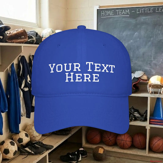 Custom Team White Text Baseball Cap – Low Profile Relaxed Fit – Youth & Adult Royal / One size Hats