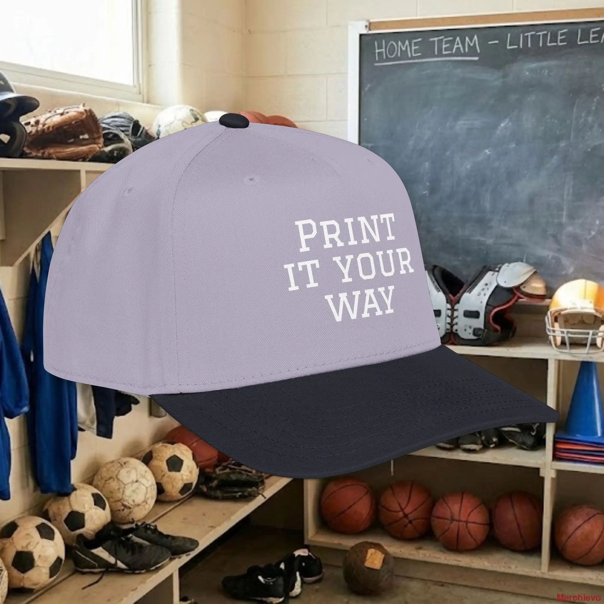 Custom Team White Text Baseball Cap – Mid Profile Snapback Fit – Youth & Adult Hats