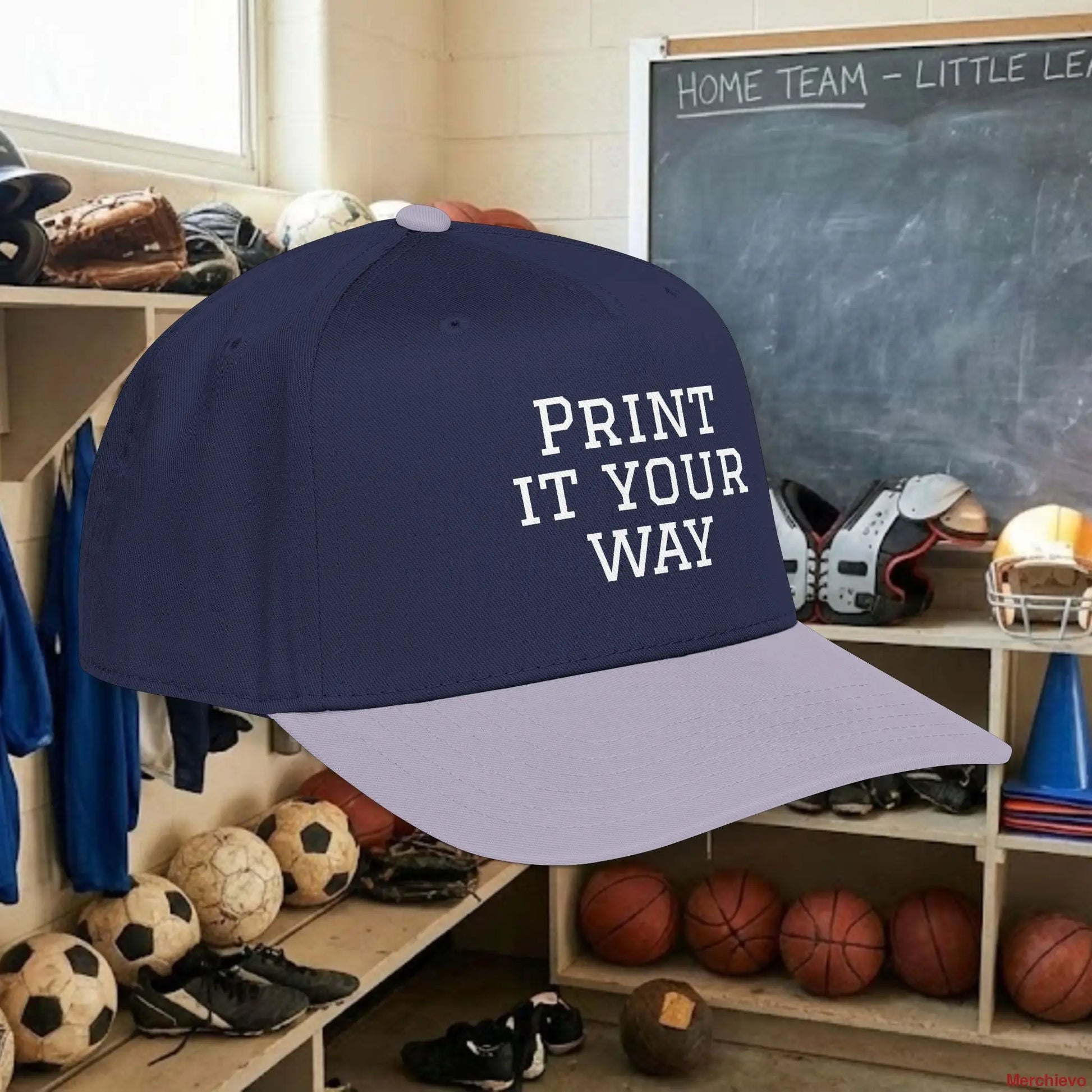 Custom Team White Text Baseball Cap – Mid Profile Snapback Fit – Youth & Adult Hats