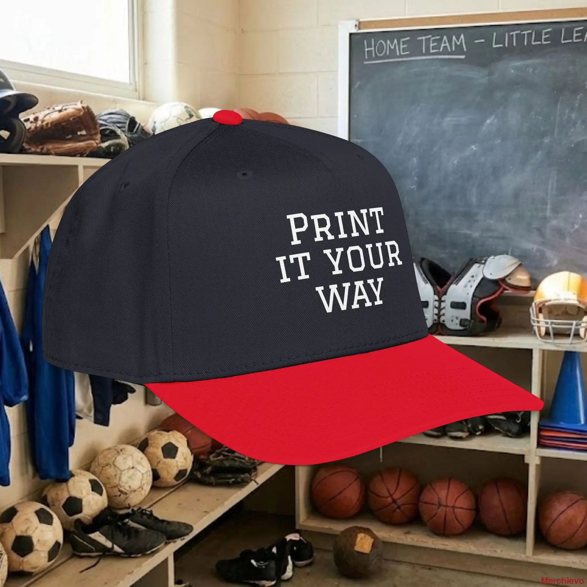 Custom Team White Text Baseball Cap – Mid Profile Snapback Fit – Youth & Adult Hats