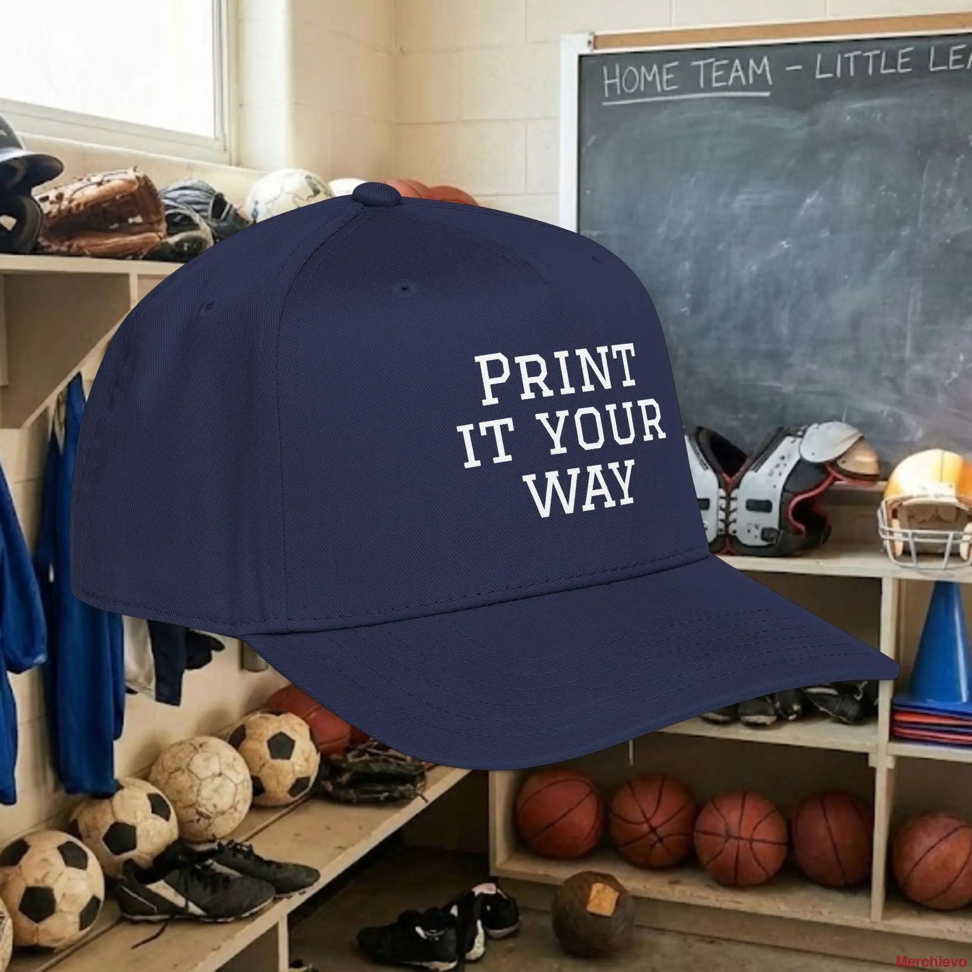 Custom Team White Text Baseball Cap – Mid Profile Snapback Fit – Youth & Adult Hats