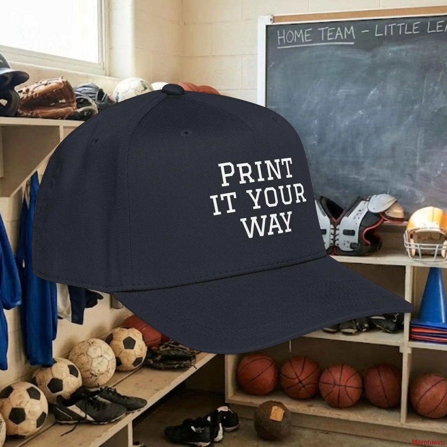 Design your own Custom Team Baseball Cap with bold white text. This mid-profile, structured snapback (OTTO 31-069) features a seamless 5-panel front for a smooth, professional look. Perfect for youth and adult sports teams, fan gear, or corporate branding. Adjustable fit for all sizes.