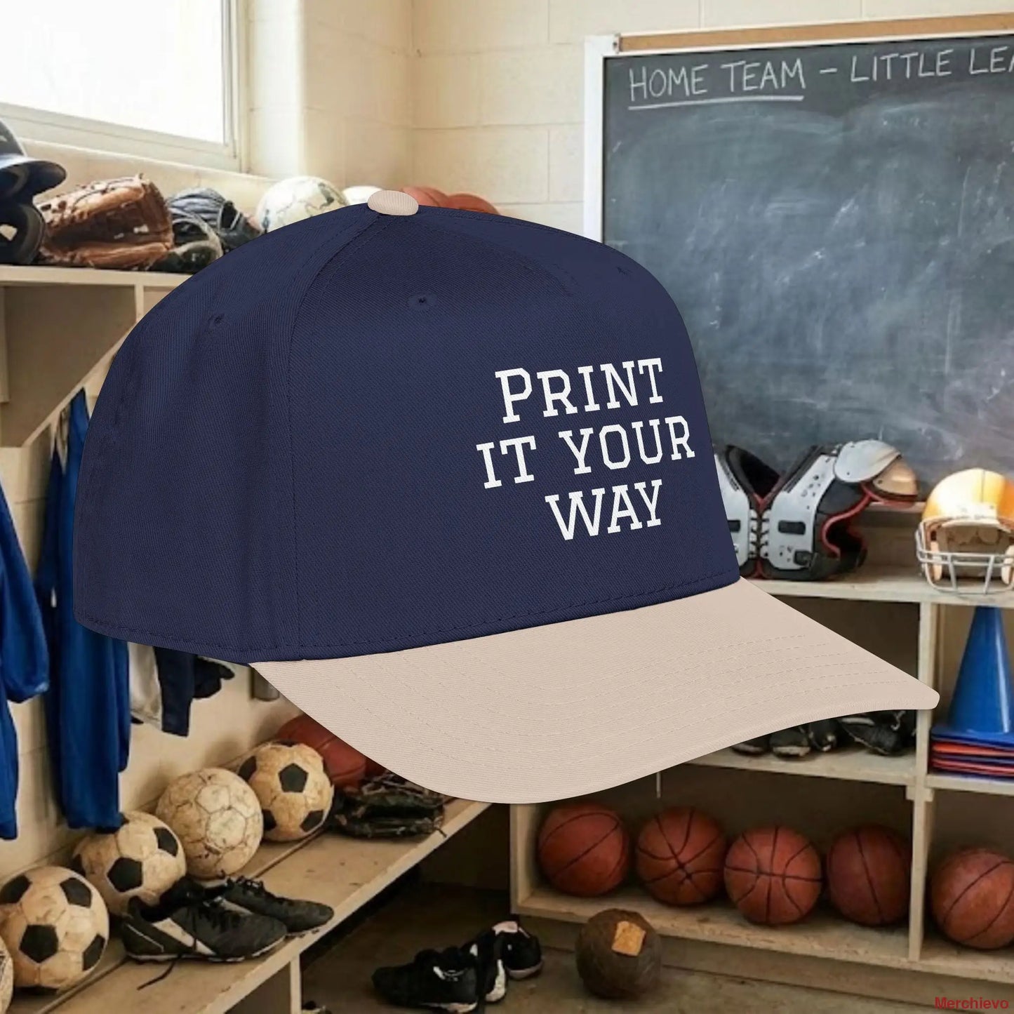 Design your own Custom Team Baseball Cap with bold white text. This mid-profile, structured snapback (OTTO 31-069) features a seamless 5-panel front for a smooth, professional look. Perfect for youth and adult sports teams, fan gear, or corporate branding. Adjustable fit for all sizes.