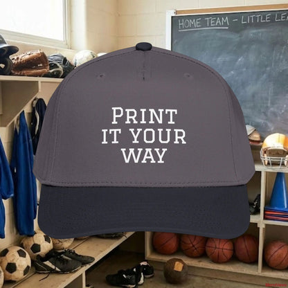 Custom Team White Text Baseball Cap – Mid Profile Snapback Fit – Youth & Adult One size / Black / Charcoal Grey Hats