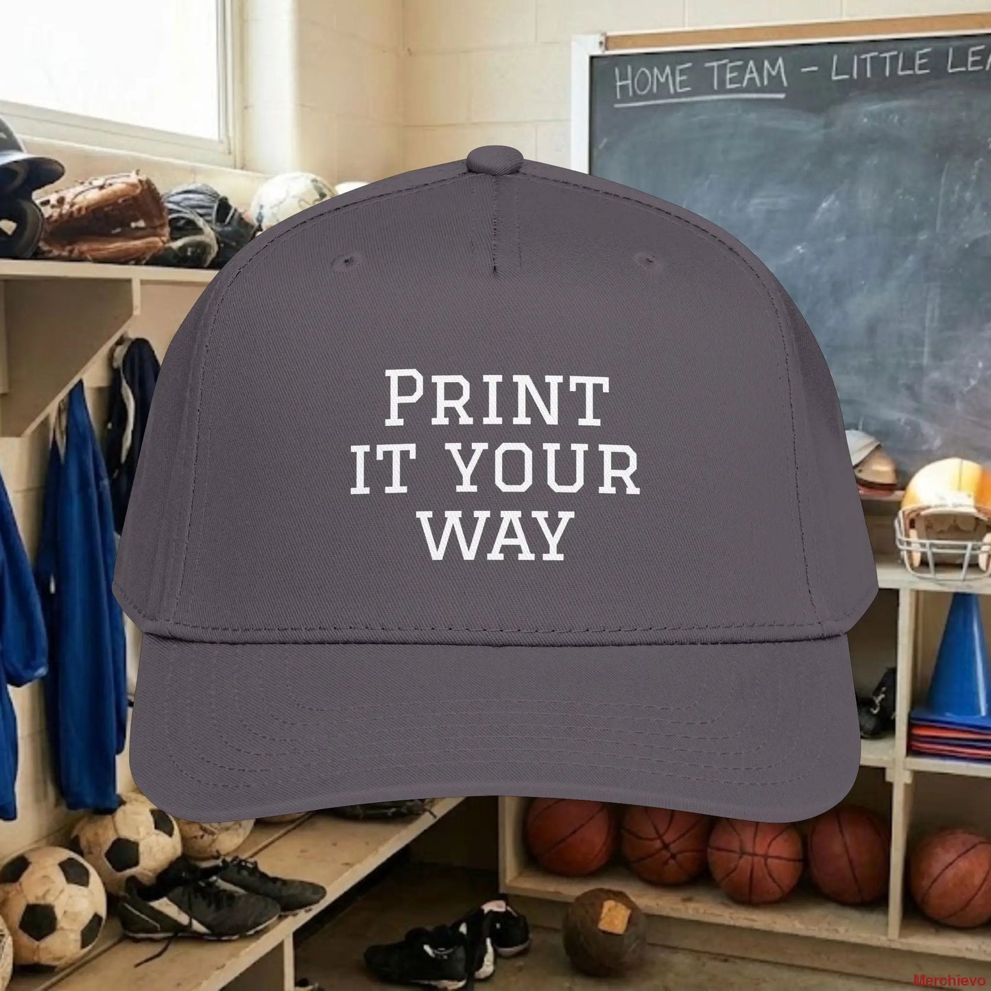 Custom Team White Text Baseball Cap – Mid Profile Snapback Fit – Youth & Adult One size / Charcoal Grey Hats