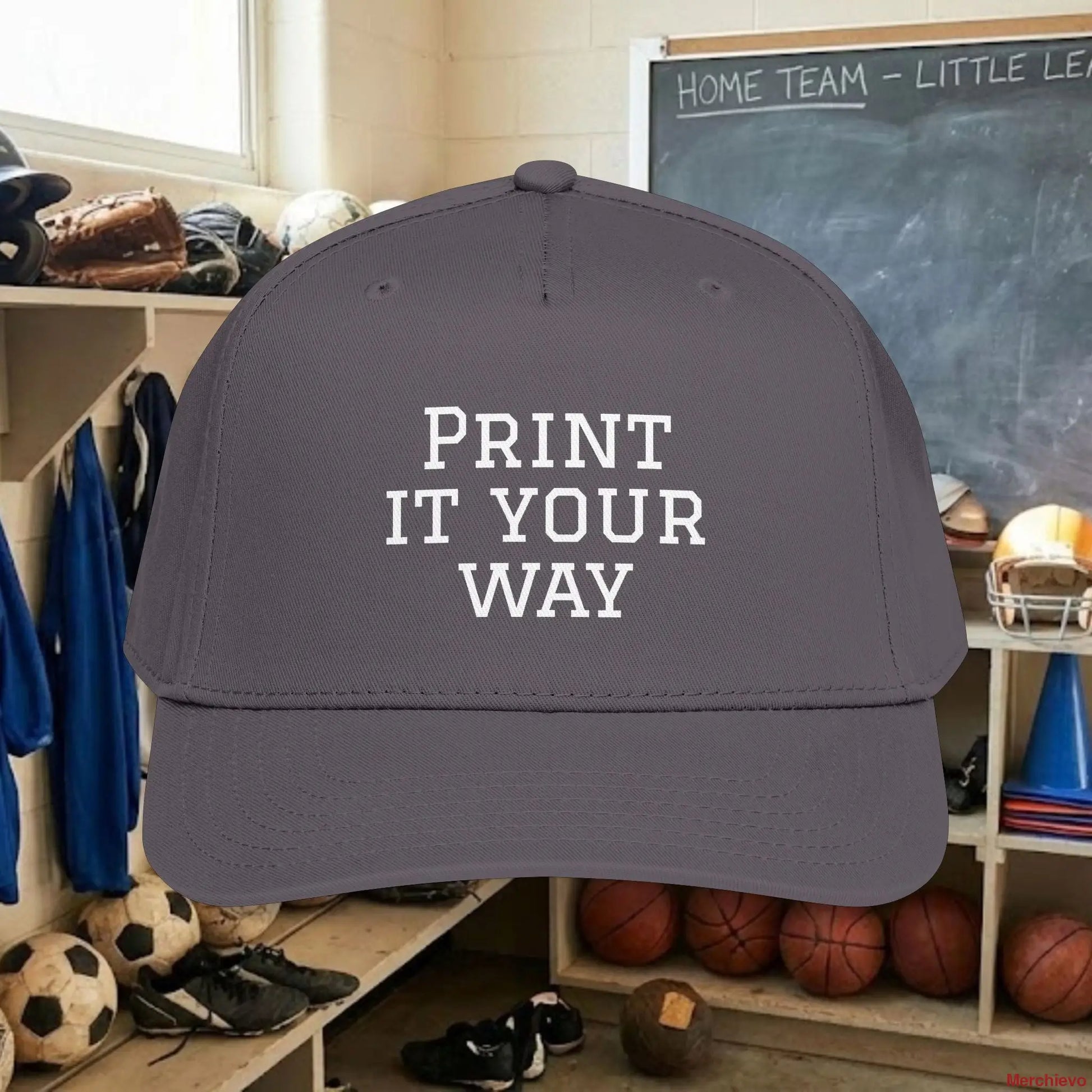 Custom Team White Text Baseball Cap – Mid Profile Snapback Fit – Youth & Adult One size / Charcoal Grey Hats